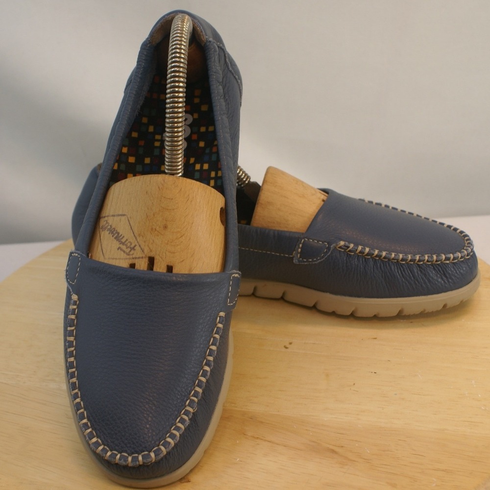 SAS Womens Blue Pebbled Leather Slip On Loafers Moc Toe Comfort Shoes Made USA